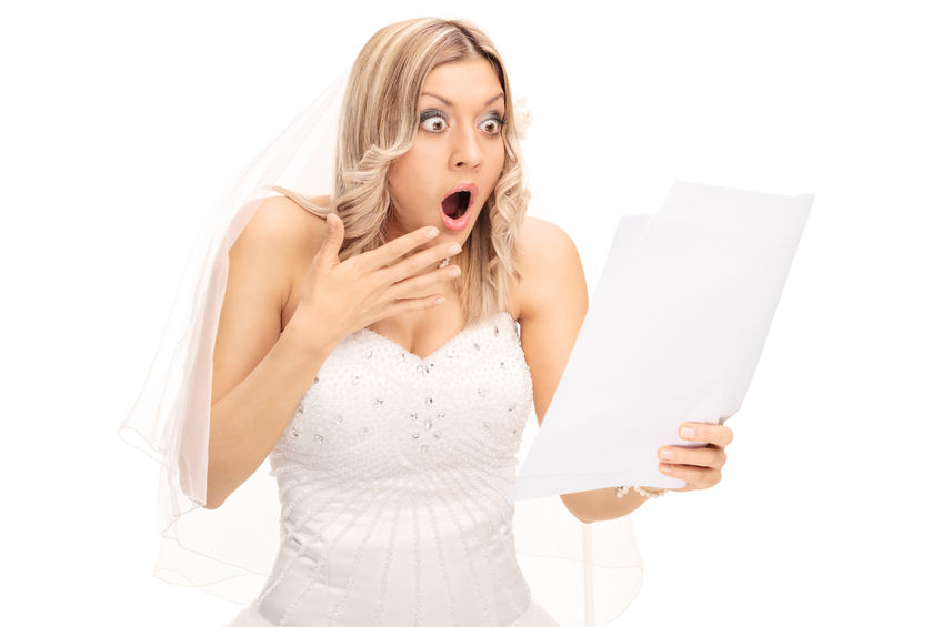 bride surprise when reading her catering bill